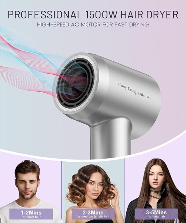 Hair Dryer - 150000 RPM High-Speed Brushless Motor Negative Ionic Blow Dryer for Fast Drying, Low Noise Thermo-Control Hair Dryer with Diffuser and Nozzle, Silvery - Image 5